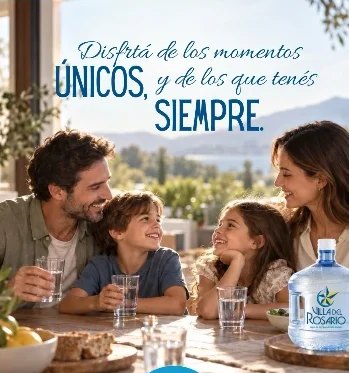 Familia compartiendo agua en la mesa