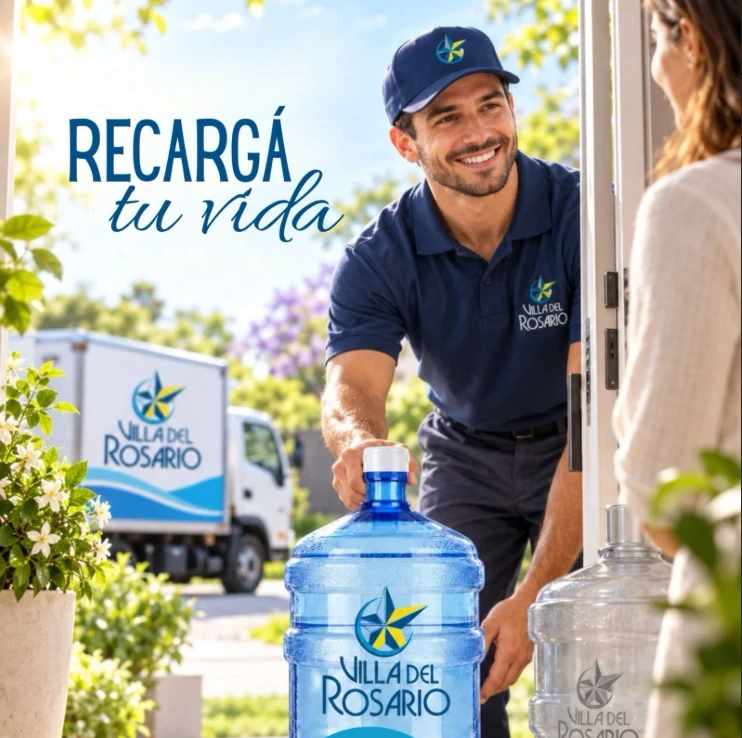 Repartidor de Villa del Rosario entregando un bidón de 20 litros en la puerta de una casa